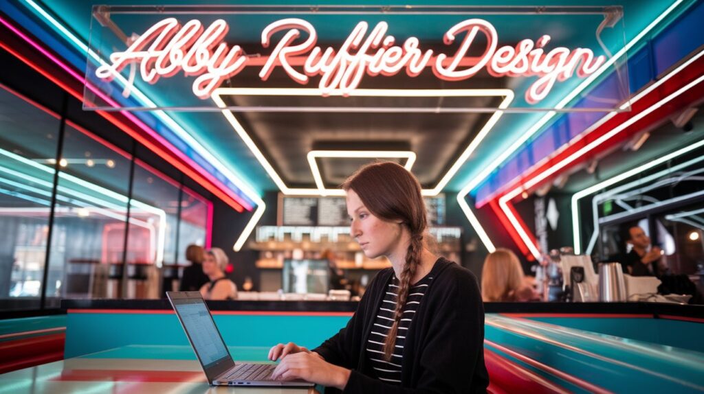 Woman in a retro cafe with a neon sign that reads Abby Ruffier Design in Neon Lights