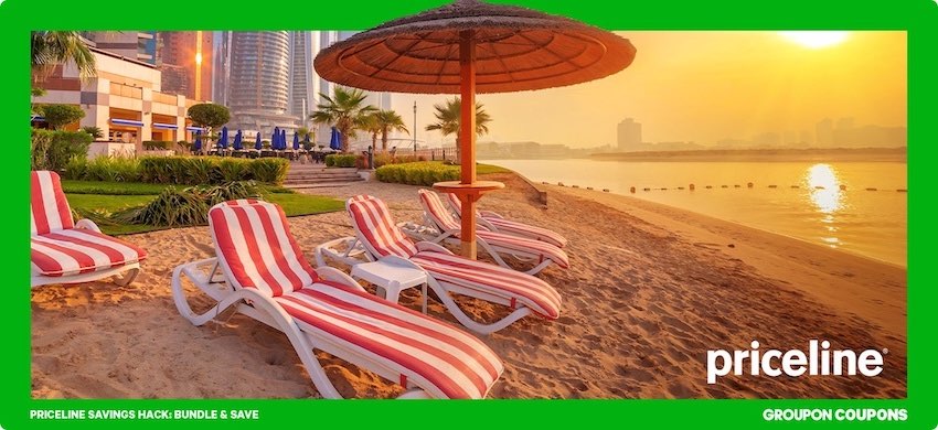 Priceline hero image | candy stripe beach chair on sunset beach